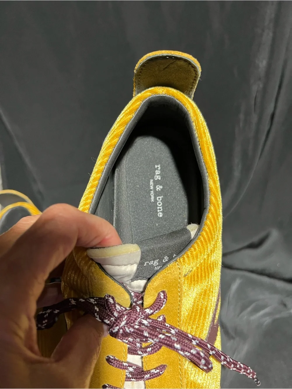 rag & bone Mustard Yellow Corduroy Low-Top Sneakers with Maroon Speckled Laces